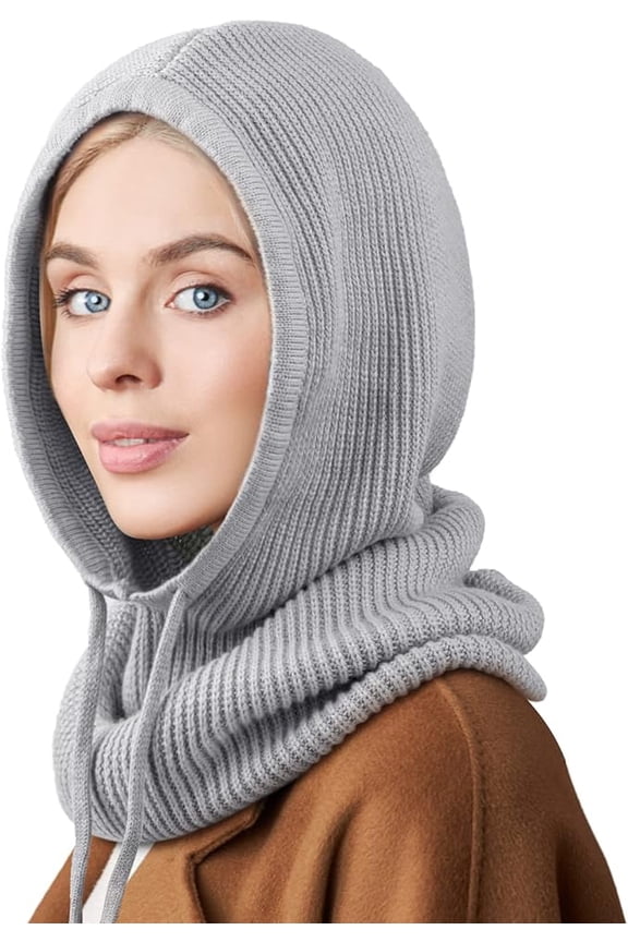 Hooded Scarf Hat Knit Balaclava, Women Beanie Skull Cap with Drawstring, Warm Winter Hats for Women Men Outdoor Sports