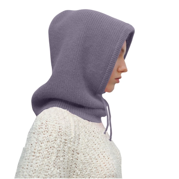 Hooded Scarf Hat for Women Knitted Neck Warmer Pullover Balaclava with Drawstring Winter Warm Outdoor Hoodie Beanie Cap