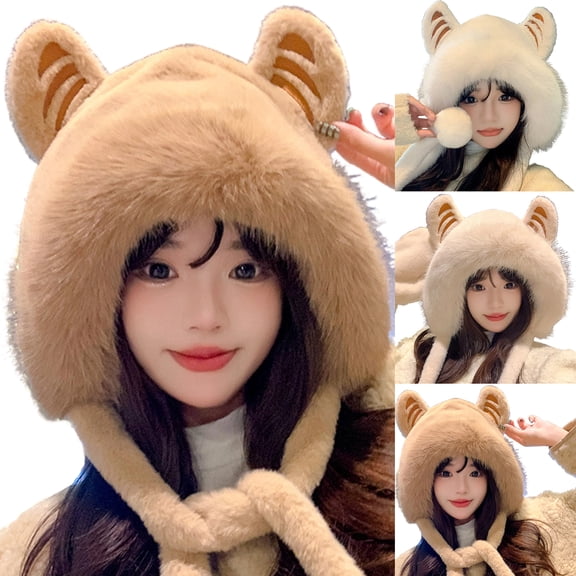 Hooded Scarf Hat for Women Winter, Bear Ears 2-in-1 Set - Plush Faux Fur, Soft and Warm, Cute Hat​​ White One Size