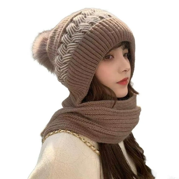 Hooded Scarf for Women Integrated Ear Protection Windproof Hat Scarf Set, Soft Warm Knitted Neck Wear for Winter