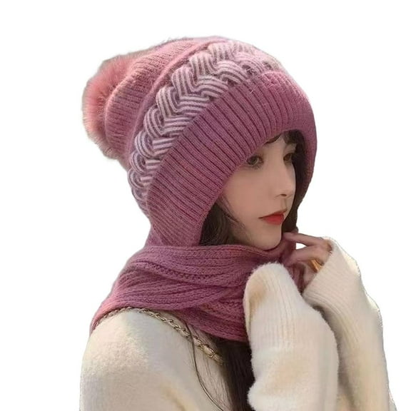 Hooded Scarf for Women Integrated Ear Protection Windproof Hat Scarf Set, Soft Warm Knitted Neck Wear for Winter