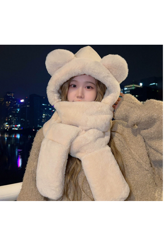 Hooded Scarf for Women Winter, Cute Bear Ear Hat Scarf 3 in 1 Faux Fur Gloves Set Soft Thick Warm Hat