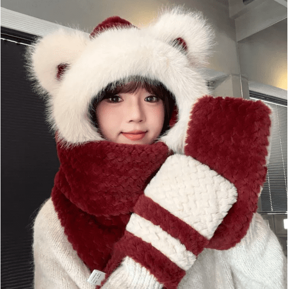 Hooded Scarf for Women Winter, Cute Bear Ear Hat Scarf 3 in 1 Faux Fur Gloves Set Soft Thick Warm Hat