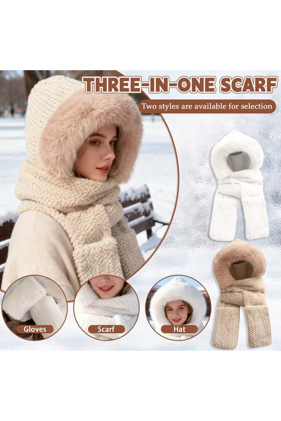 Hooded Scarf for Women Winter, Ear Hat Scarf 3 in 1Faux Fur Gloves Set Soft Thick Warm Hat