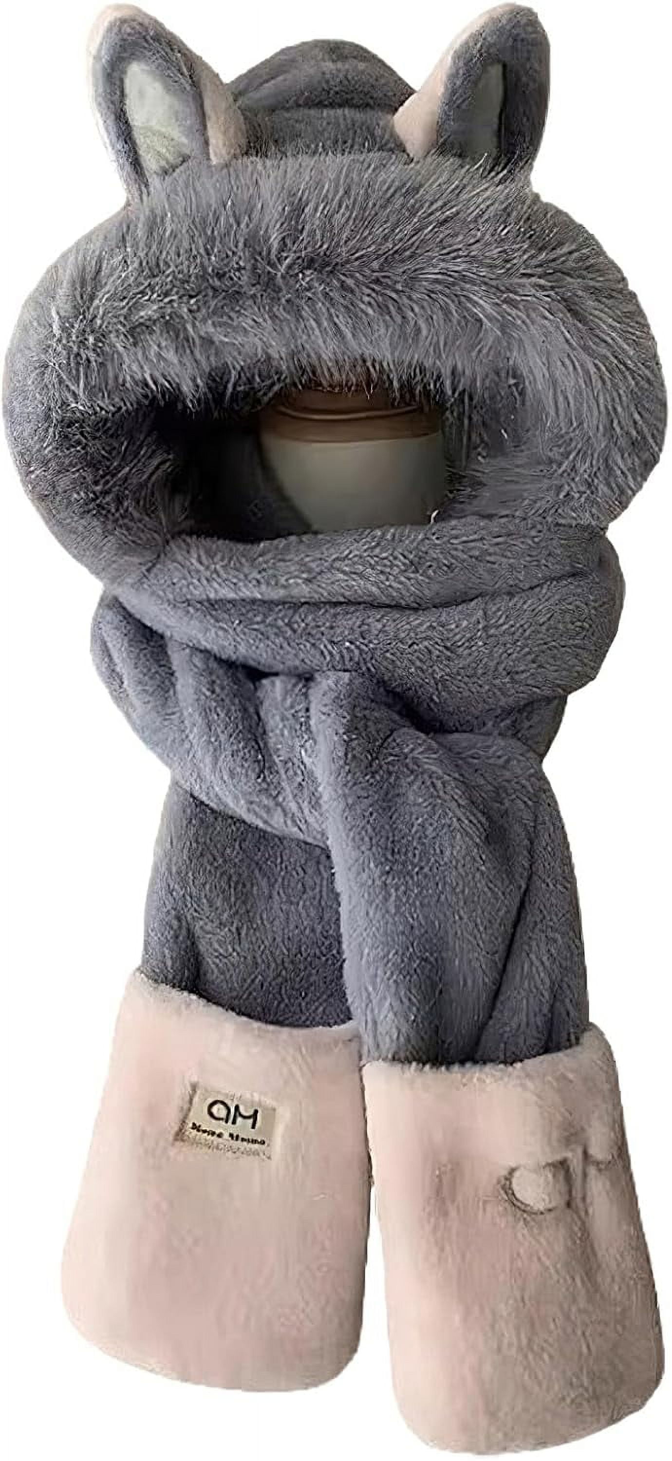 Hooded Scarf for Women Winter Warm Faux Fur Scarf Hat Gloves 