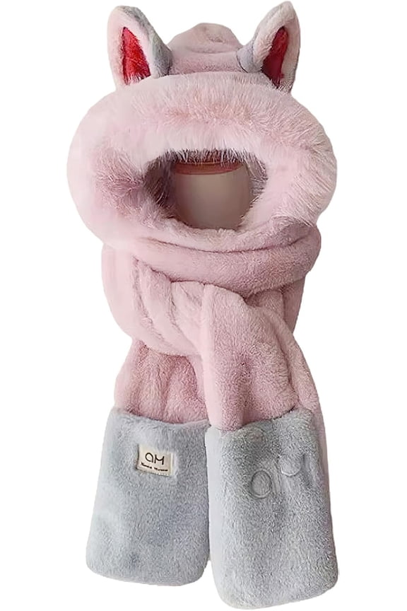 Hooded Scarf for Women Winter Warm Faux Fur Scarf Hat Gloves Combo with Cute Fox Ear