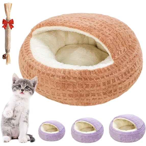 Hooded Semi Enclosed Shell Shaped Pet Nest, Plush Cat Bed Hooded Semi Enclosed Shell Shaped Pet Nest, Anti-Slip Covered Cat Bed with Hood for Puppy and Kitten, Machine Washable (Coffee,S:15.7IN)