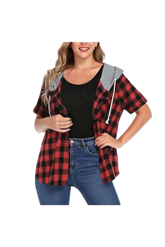 Hooded Shacket For Women, Short Sleeve Solid Color Casual Jacket, Lightweight Summer Outerwear Shrug, Trendy Womens Tops Red XL