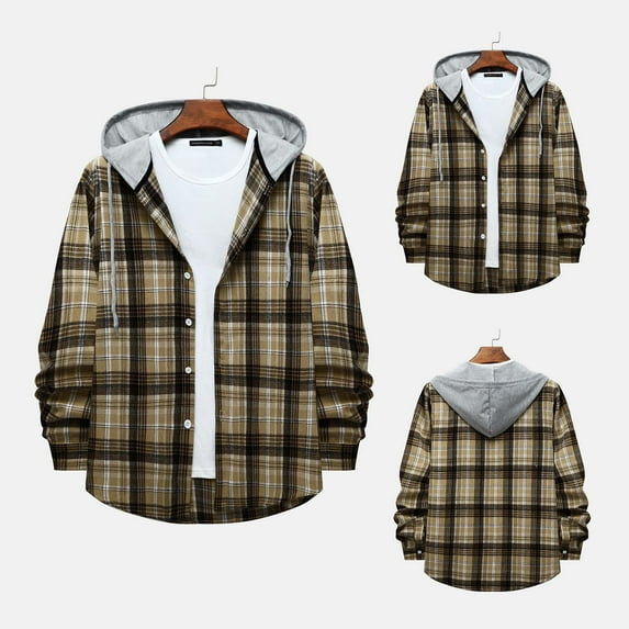 Hooded Shirts for Men,Men's Long Sleeve Flannel Hooded Plaid Jacket Casual Loose Check Shirts Fall Lightweight Thin Outwear