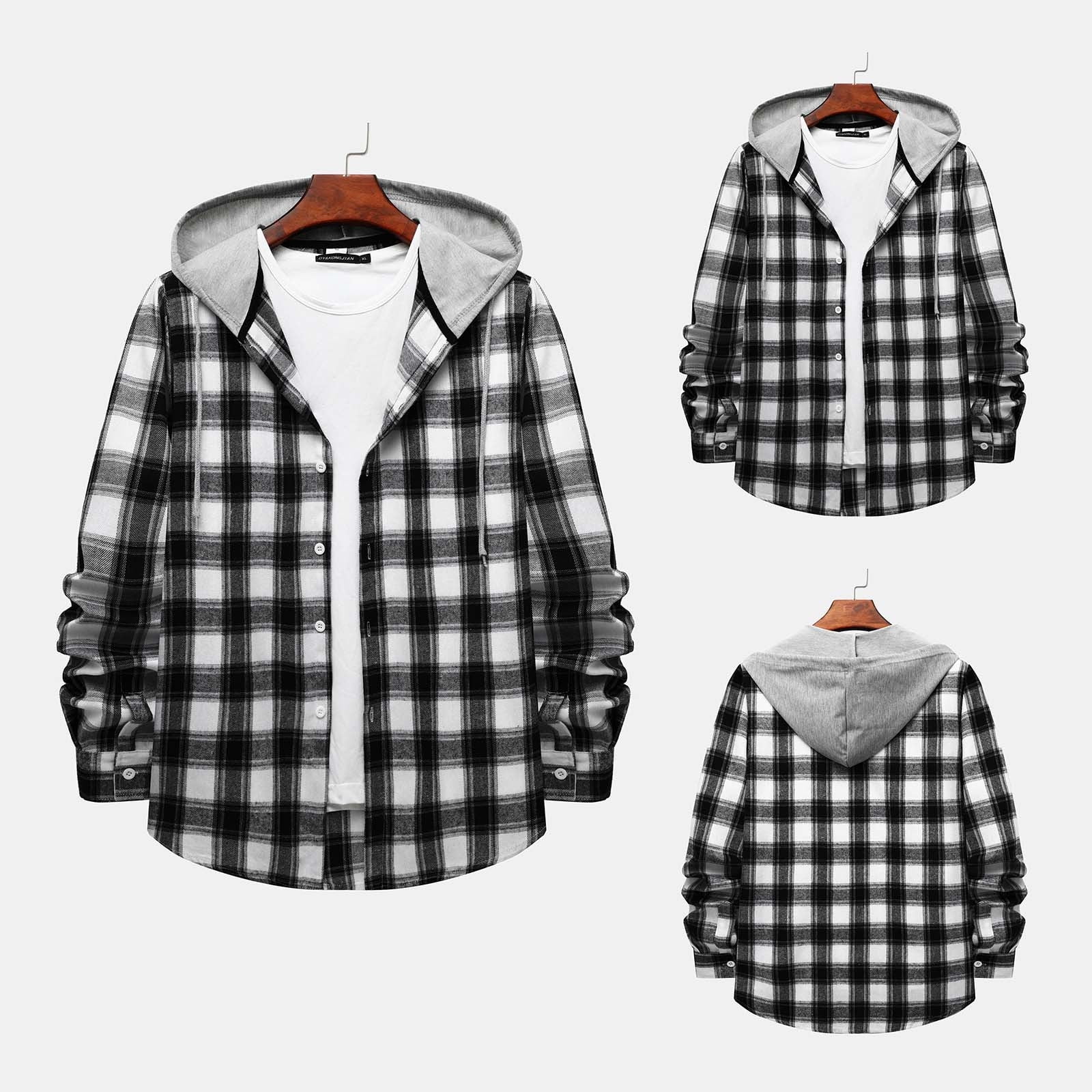 Hooded Shirts for Men,Men's Plaid Hoodie Flannel Shirt Jackets Long Sleeve  Casual Lightweight Classic Fit Fashion Button Down Shirts 