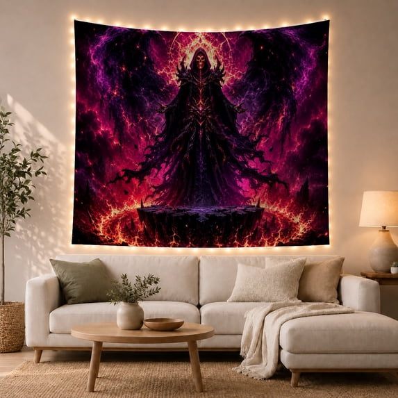 Hooded Skeletal Figure with Fiery Core in Nebulous Void, Dramatic Gothic for Horror Fans, Dark Fantasy Wall Art Halloween Gift Tapestry Wall Hanging for Bedroom and Dorm