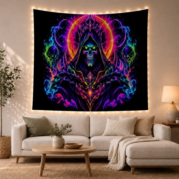 Hooded Skeletal Wizard in a Glowing Halo, Mystical Gothic for Dark Art Lovers, Gothic Room Decor, Halloween Gift, Tapestry Wall Hanging for Bedroom, Dorm and Living Room