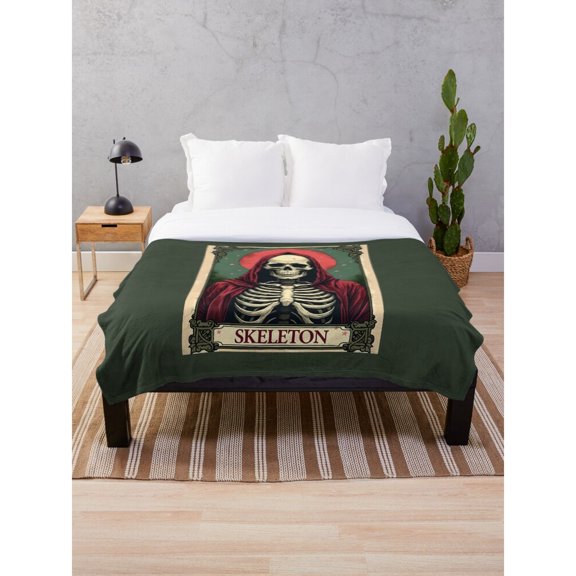 Hooded Skeleton Card Dark Green and Burgundy Polyester Fleece Blanket, 280 GSM, Gothic Style
