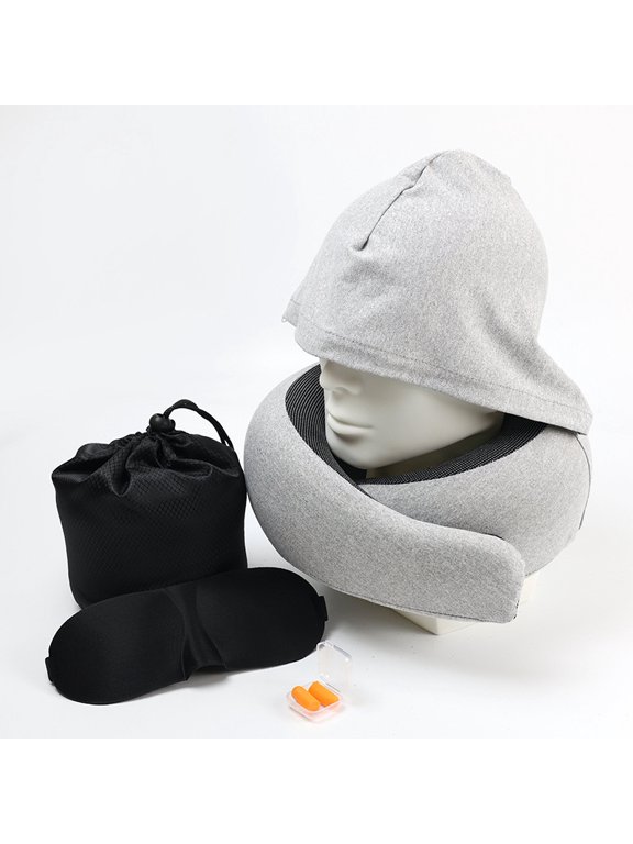 Hooded Snail Memory Foam Travel Neck Pillow, U-Shaped Cervical Support Pillow with Eye Mask Earplugs Storage Bag for Airplane Car