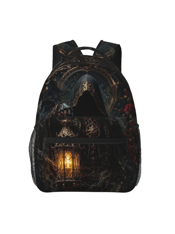Hooded Sorcerer Golden Lantern Art Backpack Casual College Bag Zipper Laptop Daypack Hiking Rucksack Travel