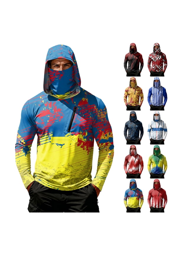 Hooded Sun Shirts for Men Long Sleeve Sun Fishing Hoodies With Face Mask Uv Protection Cooling Rash Guard Shirts, XL