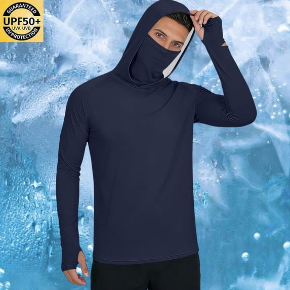 Hooded Sun Shirts for Men with Face Mask UPF 50+ Sun Protection Long Sleeve Shirt Quickly Drying Fishing Hiking Running Workout Shirts