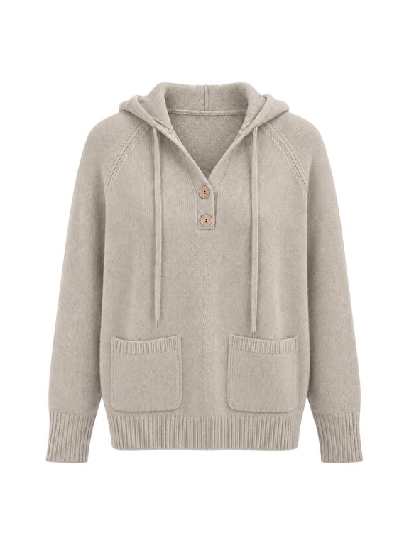 Hooded Sweaters for Women Long Raglan Sleeve Pullover Knit Sweater Fall Outfits for Women Fashion Clothing Drop Shoulder Winter Clothes with Pockets Drawstring Henley Button Casual