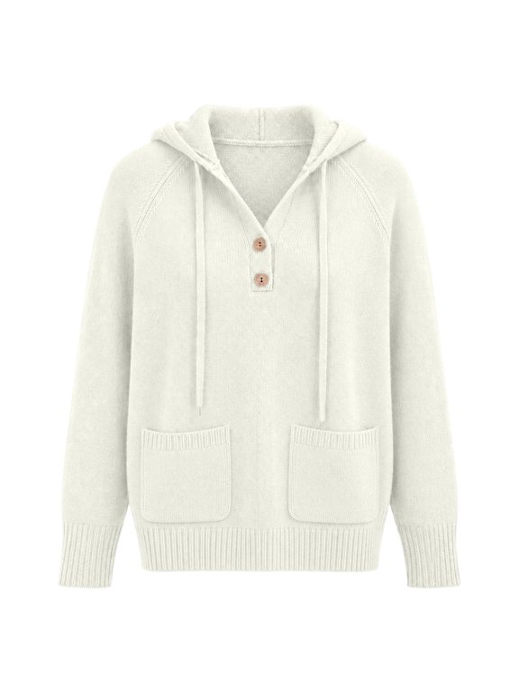 Hooded Sweaters for Women Winter Clothes Fall Outfits for Women Knit Sweater Drop Shoulder Fashion Clothing Long Raglan Sleeve Pullover Henley Button Casual with Pockets Drawstring