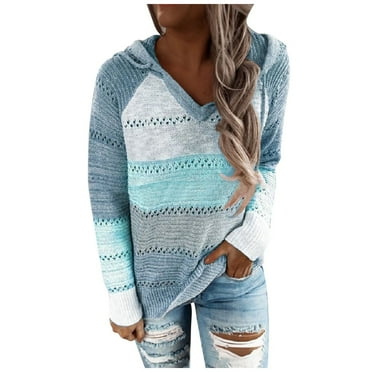 Hooded Sweaters for Women Lightweight Cable Knit Pullover Cute Color Block Blouse Tops Long Sleeve V Neck Jumper