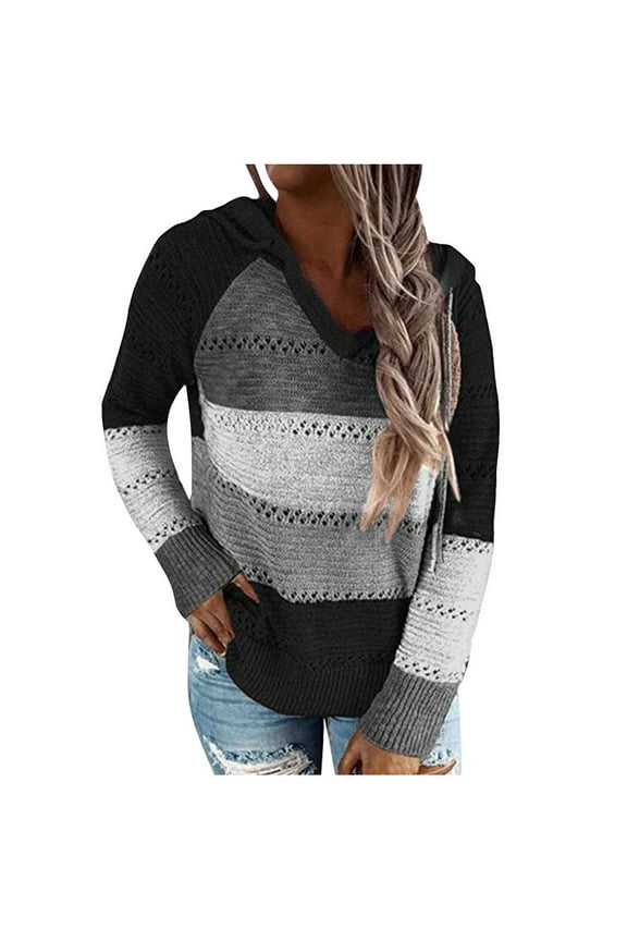 Hooded Sweaters for Women Lightweight Cable Knit Pullover Cute Color Block Blouse Tops Long Sleeve V Neck Jumper