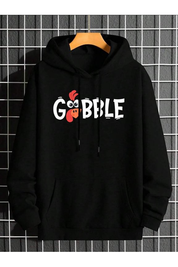 Hooded Sweatshirt Black Gobble Turkey Print Casual Wear
