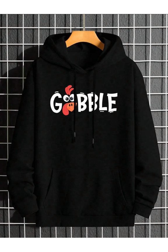 Hooded Sweatshirt Black Gobble Turkey Print Casual Wear