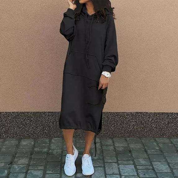 Hooded Sweatshirt Dress for Women Casual Loose Long Sleeve Lace Up Dress Lightweight Solid Color Tunic Hoodie Dresses with Kangaroo Pocket