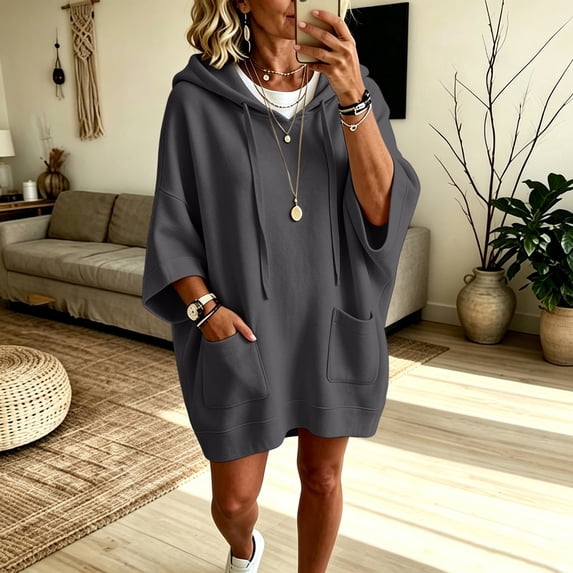 Hooded Sweatshirt Dress for Women Loose Fit 3/4 Sleeve Casual Pullover Tunic with Pockets for Fall and Winter Season