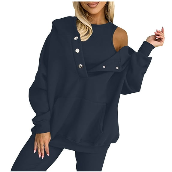 Hooded Sweatshirt For Womens Oversized Hoodies Singlet Pullover Tops With Pockets Fall 2 Piece Solid Color Suit For Women,Blue,XL