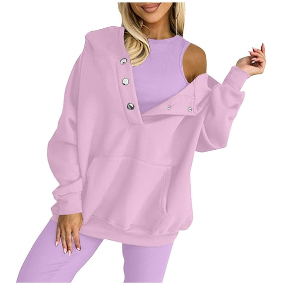 Hooded Sweatshirt For Womens Oversized Hoodies Singlet Pullover Tops With Pockets Fall 2 Piece Solid Color Suit For Women,Purple,L