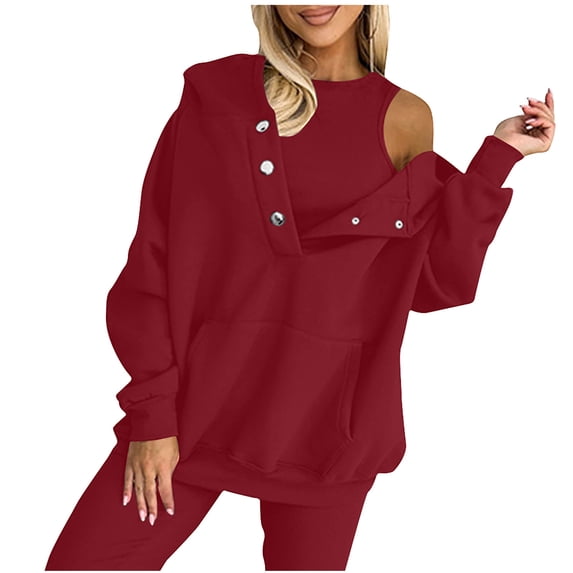 Hooded Sweatshirt For Womens Oversized Hoodies Singlet Pullover Tops With Pockets Fall 2 Piece Solid Color Suit For Women,Red,XL