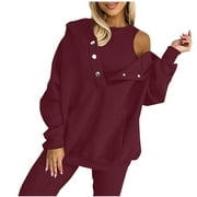 HXSHGDSN Hooded Sweatshirt For Womens Oversized Hoodies Singlet Pullover Tops With Pockets Fall 2 Piece Solid Color Suit For Women,Wine,S