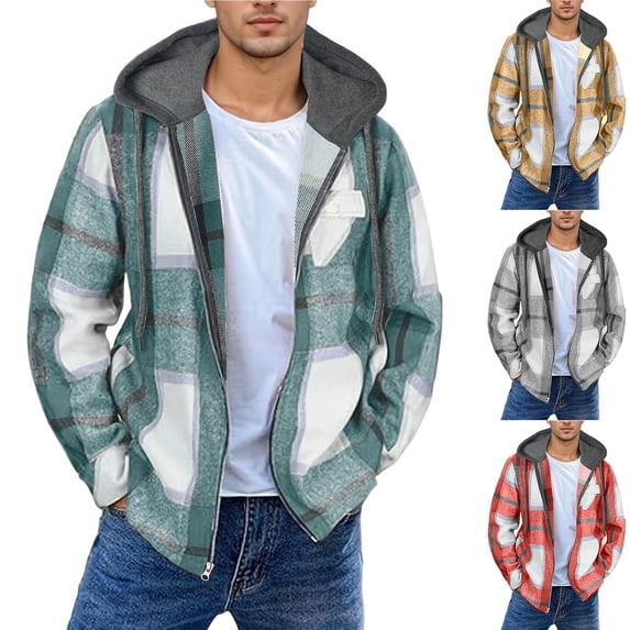 Hooded Sweatshirt Jacket for Men Plaid Long Sleeve Sweatshirt Jacket with Button Flannel Casual Coat for Daily Outdoor
