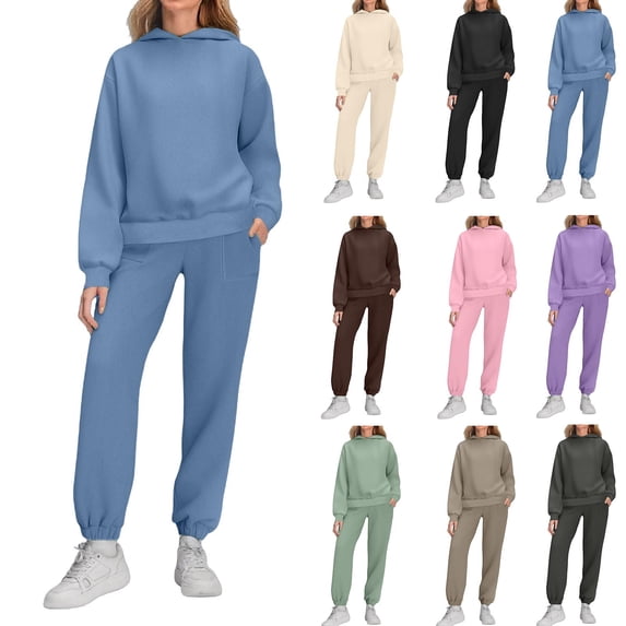 Hooded Sweatshirt And Pants Set 2 Piece Outfit, Long Sleeve Joggers Sweatpants Lounge Set, Casual Streetwear Matching Set, Cozy Winter Loungewear Gifts for Women | Sopatenor,Blue L