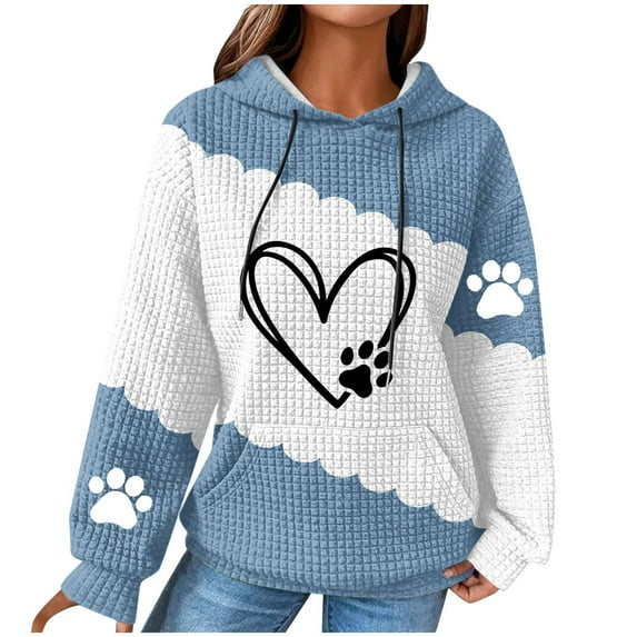 Hooded Sweatshirt for Womens Cute Dog Paw Heart Print Hoodies with Front Pocket Sweatshirts Color Matching Waffle Knitted Long Sleeve Hooded Sweatshirts