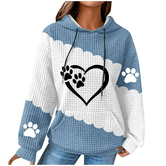 Hooded Sweatshirt for Womens Cute Dog Paw Heart Print Hoodies with Front Pocket Sweatshirts Color Matching Waffle Knitted Sweatshirts Loose Casual Long Sleeve Tops Hooded Outwear
