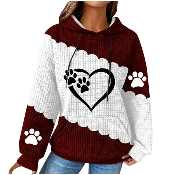 Hooded Sweatshirt for Womens Cute Dog Paw Heart Print Hoodies with Front Pocket Sweatshirts Color Matching Waffle Knitted Sweatshirts Loose Casual Long Sleeve Tops Hooded Outwear