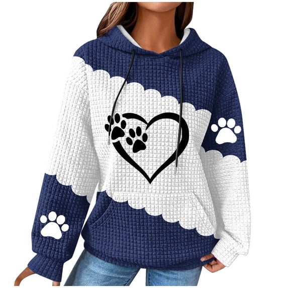 Hooded Sweatshirt for Womens Cute Dog Paw Heart Print Hoodies with Front Pocket Sweatshirts Color Matching Waffle Knitted Sweatshirts Loose Casual Long Sleeve Tops Hooded Outwear