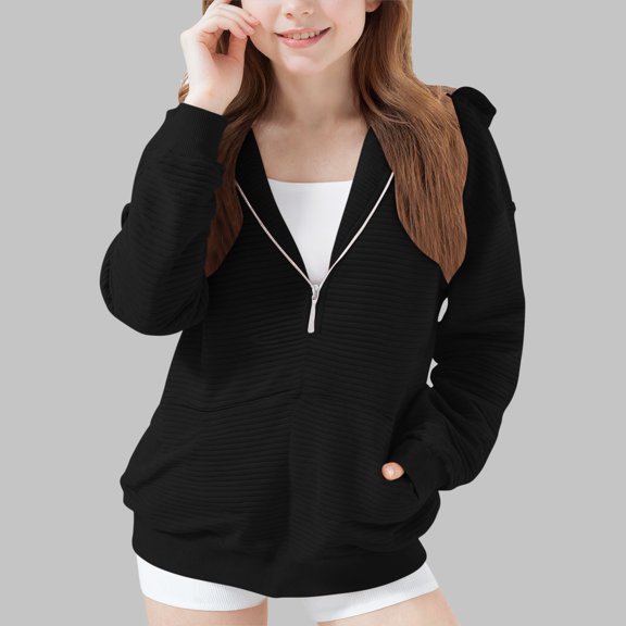 Hooded Sweatshirt for Kids, Half Zip Pullover Tops with Pocket, Casual Long Sleeve Hoodies for Boys and Girls New Girls Oversize Tops Black 9 Years