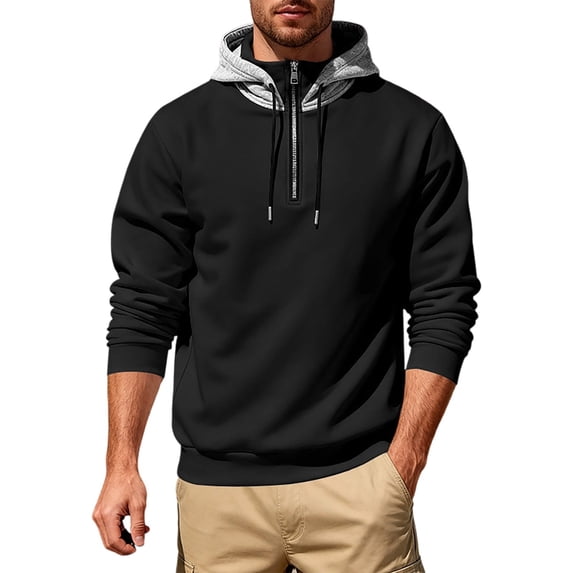 Hooded Sweatshirt for Men Stand Collar Half Zip Color Block Loose Style Sweatshirt Trendy Casual Athletic Fitness Long Sleeve Sweatshirt