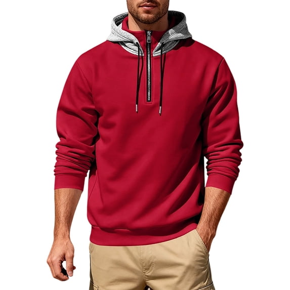 Hooded Sweatshirt for Men Stand Collar Half Zip Color Block Loose Style Sweatshirt Trendy Casual Athletic Fitness Long Sleeve Sweatshirt
