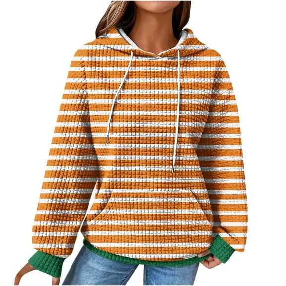 Hooded Sweatshirt for Women Textured Waffle Drawstring Pullover Tops Color Contrast Striped Pullover Top with Pocket