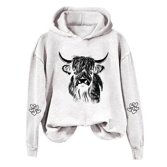 Hooded Sweatshirts For Women Oversized Highland Cow Print Country Western Long Sleeve Hooded Christmas Farm Fall Clothes Outfits