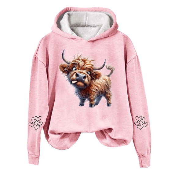 Hooded Sweatshirts For Women Oversized Highland Cow Print Country Western Long Sleeve Hooded Christmas Farm Funny Graphic Shirts