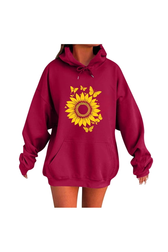 Hooded Sweatshirts for Women Fall Fashion Hoodies Casual Loose Floral Printed Outdoor Hoody Jackets Round Neck Long Sleeve Hoodie Pullover Winter Outwears with Pocket