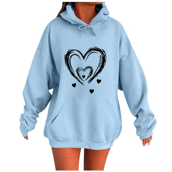 Hooded Sweatshirts for Women Fall Fashion Hoodies Casual Loose Love Printed Outdoor Hoody Jackets Round Neck Long Sleeve Hoodie Pullover Winter Outwears with Pocket