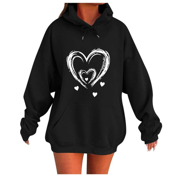 Hooded Sweatshirts for Women Fall Fashion Hoodies Casual Loose Love Printed Outdoor Hoody Jackets Round Neck Long Sleeve Hoodie Pullover Winter Outwears with Pocket