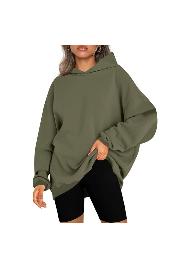 Hooded Sweatshirts for Women Solid Color Womens Oversize Fit Hoodies Pull Up Crew Neck Long Sleeves Sweatshirt Gym Workout Athleisure Streetwear Drawstring Hood Essentials