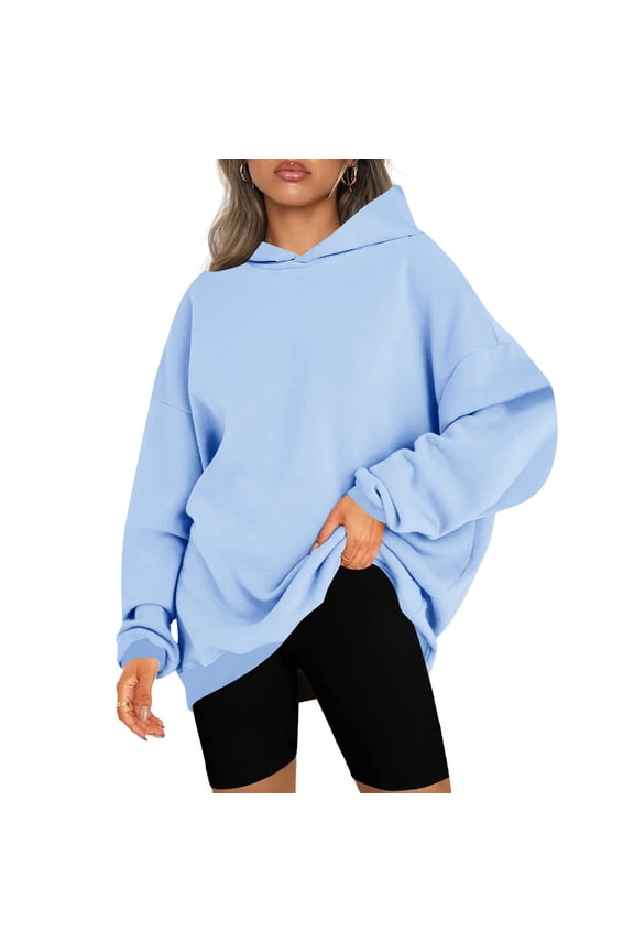 Hooded Sweatshirts for Women Solid Color Womens Oversize Fit Hoodies Pull Up Crew Neck Long Sleeves Sweatshirt Gym Workout Athleisure Streetwear Drawstring Hood Essentials